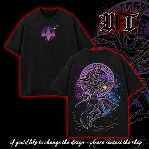 Black dark magician neon purple art ace card yugi muto yami monster card yugioh duel monster Anime Manga 2 sided Washed T-shirt Soft Menswear graphic tee