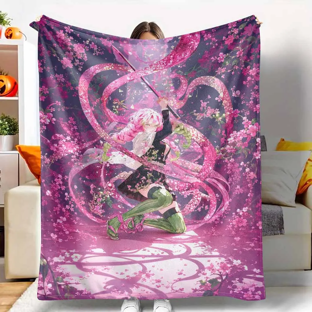 Anime Warrior Girl Flannel Blanket Pink Cherry Blossom Petals Print Soft Lightweight Breathable Cozy Throw Perfect for Bedroom Living Room Sofa Couch Travel Camping Birthday Gift