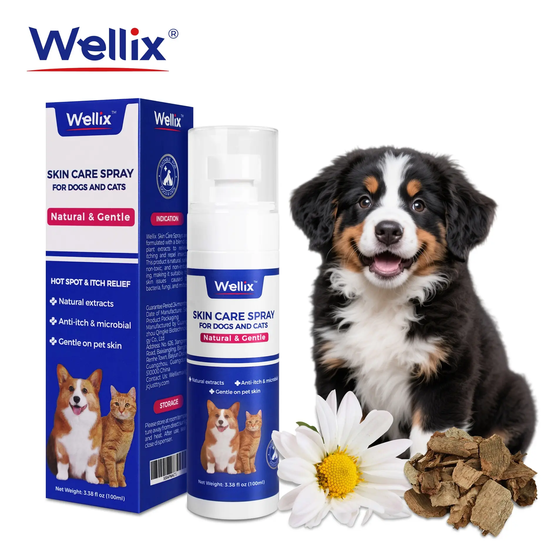 Wellix 100ml Plant-Based Hot Spot & Itch Relief Skin Care Spray for Dogs & Cats, Pet Grooming Deodorizing Spray, 200Ml