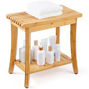 VEVOR Bamboo Shower Bench,  , 19.1 x 11.3 x 18.3 in, Waterproof Shower Stool Chair with Storage Shelf, 330lbs Load Capacity Spa Bath Seat Organizer, for Adults Seniors Women Elderly Indoor Outdoor