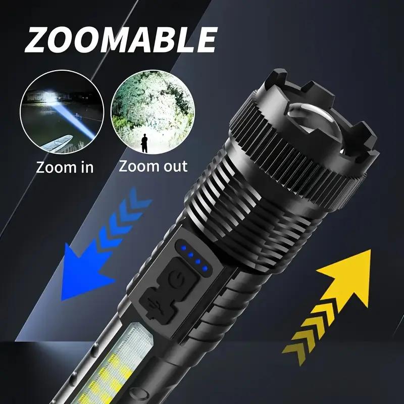 2PCS 5-Mode Zoomable LED handheld multifunctional Flashlight with COB Side Light, USB-C Charging & Power Display, 8H Runtime, Detachable Clip garden use nighttime security home camping