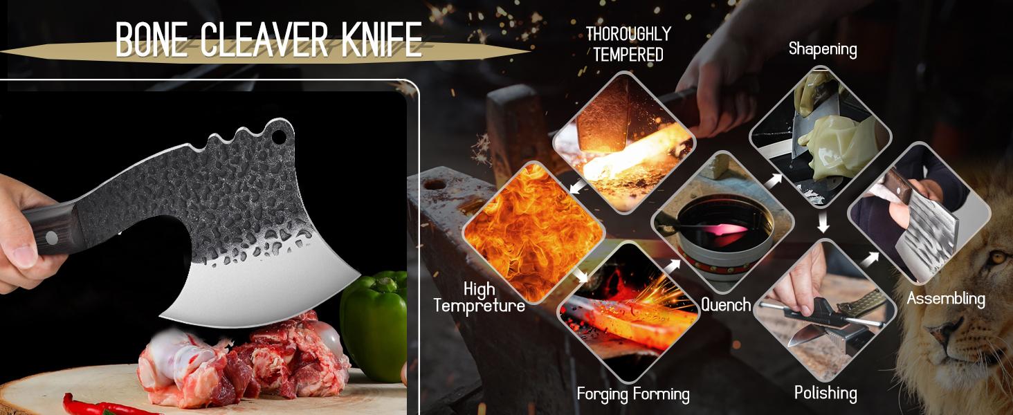 Dream Reach Professional Bone Cleaver - Hand Forged Full Tang Kitchen Knife for Cutting Meat, Heavy Duty Butcher Tool for Home and Restaurant Use (Black)