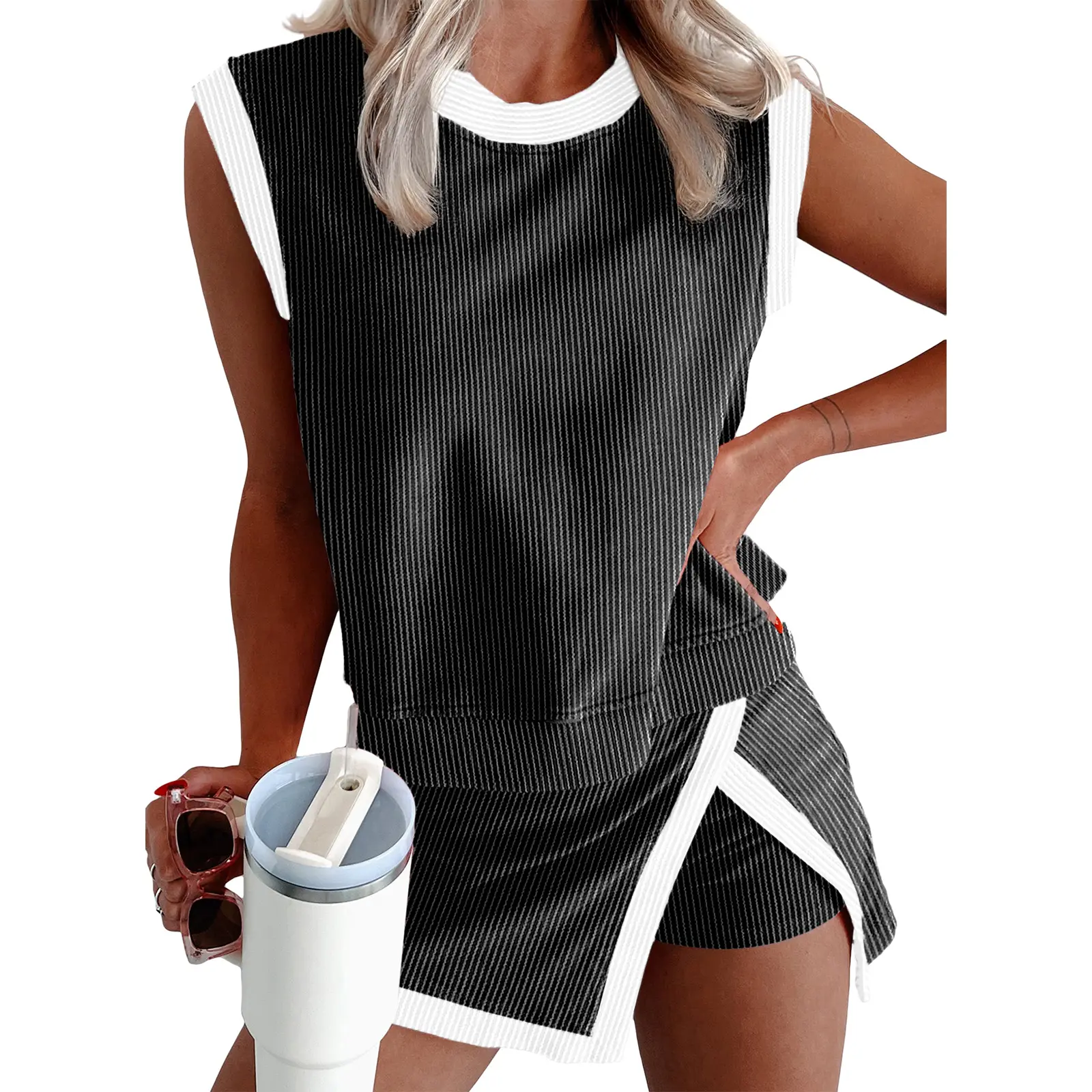 EVALESS Women's 2-Piece Sets Casual Crewneck Ribbed Sleeveless Knit Top & Split Lined Skirt Two Pieces Soft Matching Set Basic Summer Outfits 2026 WOmenswear SummerVibes  Deals For You Days summer outfits