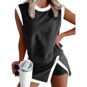 EVALESS Women's 2-Piece Sets Casual Crewneck Ribbed Sleeveless Knit Top & Split Lined Skirt Two Pieces Soft Matching Set Basic Summer Outfits 2026 WOmenswear SummerVibes  Deals For You Days summer outfits