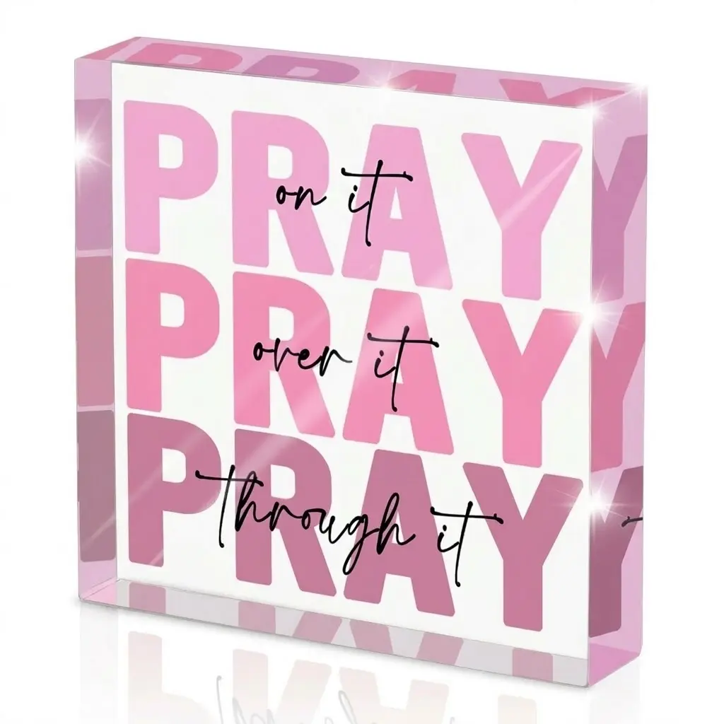Pink Inspirational Decor Pray Gifts for Women, Bible Verse Wall Art Desk Decor, Pink Dorm Decor, Women's Acrylic Office Accessories and  Christian Decor Sign for Home Room Mantel or Bathroom Dorm Room Decoration - Pray on it Pray through it, 4x4 Inches