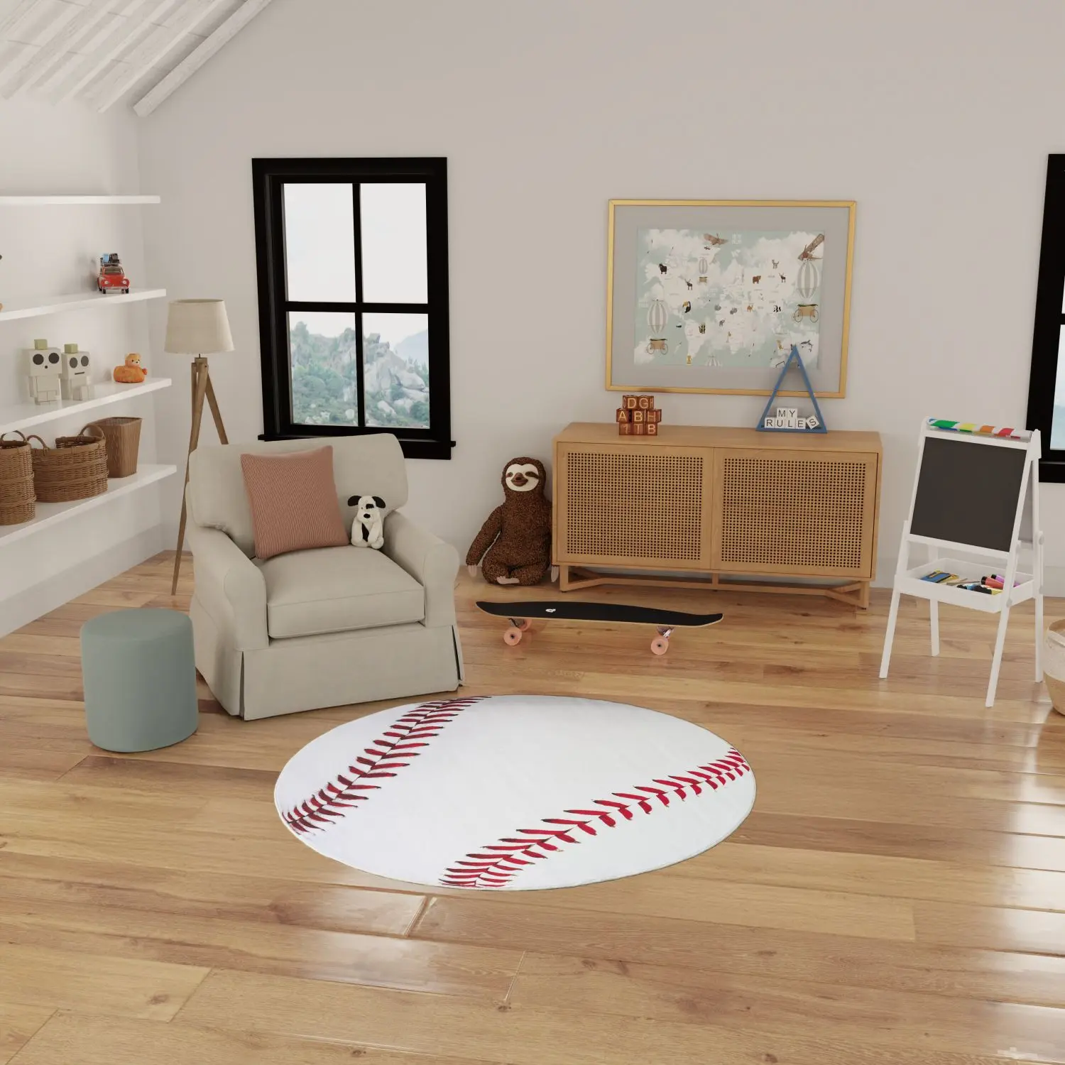 Nourison Imagination 5' Diameter Round Baseball Stitch Printed Area Rug - White Textile, Sporty Look, Machine Washable, Non-Slip, for Kids' Indoor Use