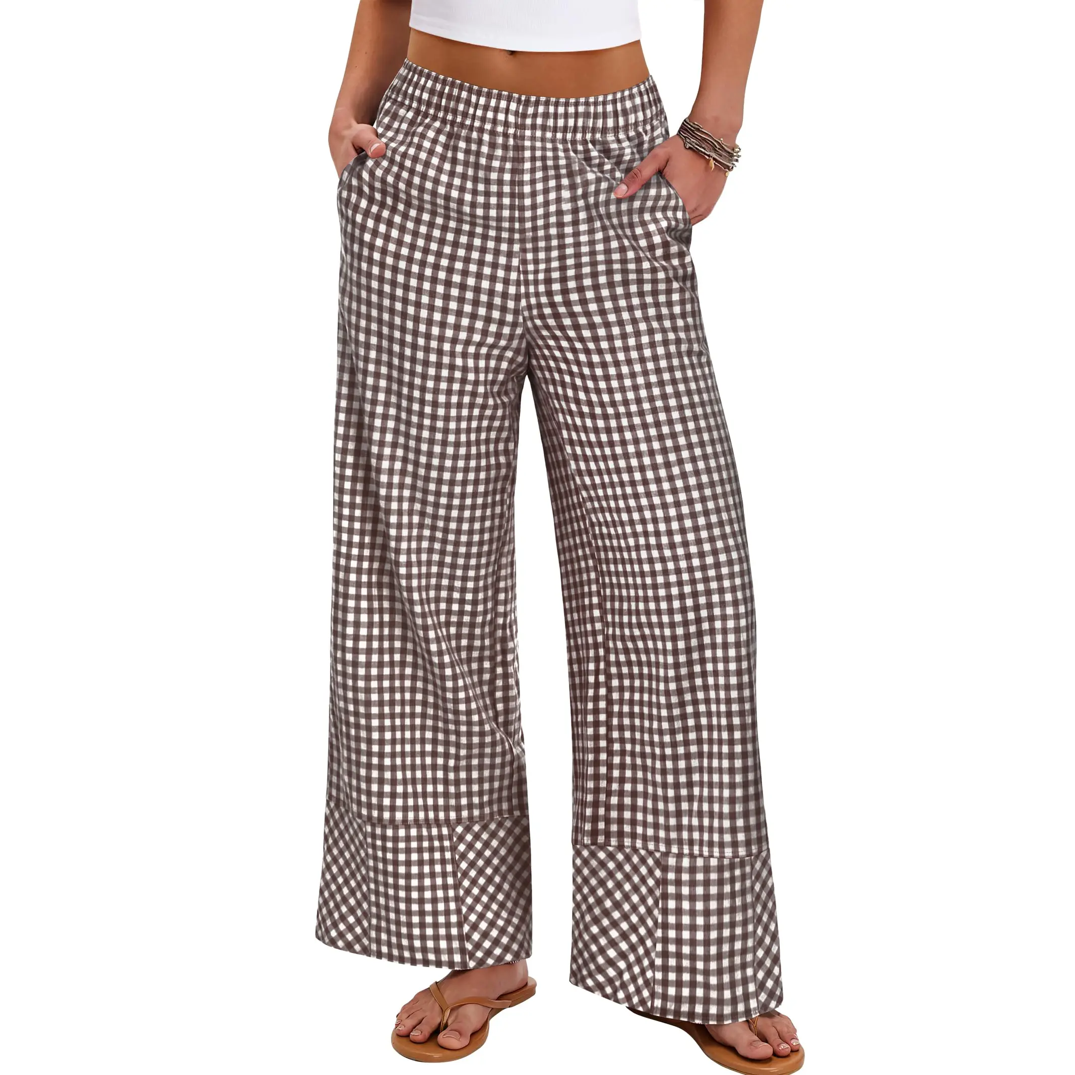 ANRABESS Womens Gingham Pants Plaid Checkered Striped Boxer Wide Leg Palazzo Lounge PJ Bottoms Trousers with Pockets