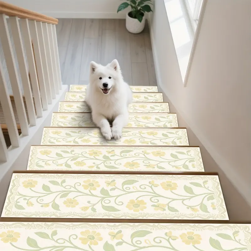 15pcs Rubber Anti-Slip Stair Treads with Botanical Pattern Print, Non-Slip Stair Carpets, Protective Step Rugs, Bordered Stair Mats for Home Decor, Indoor Room Accessories for Bedside, Suitable for Indoor/Outdoor Stairs, Wooden or Hard Surfaces