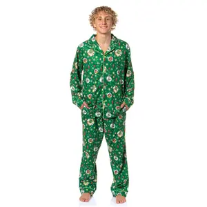 Shrek Men's Christmas Donkey Puss in Boots Tossed Print Button Down Sleep Pajama Set