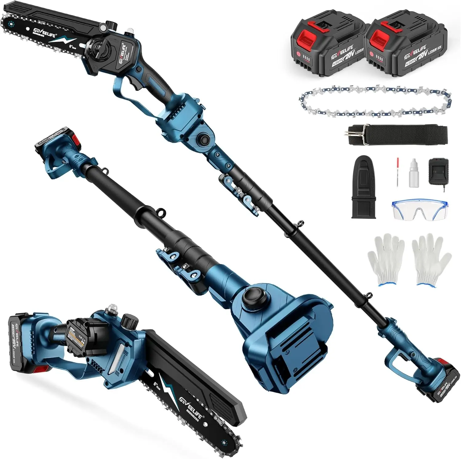 GEVEELIFE 2-in-1 Cordless Electric Telescopic Grip Pole Saw & Portable Metal Chain Saw Power Tool with 2 Batteries, Fast Charger, Auto-Oil System, Overload/Heat Guard, for Tree Pruning - Ideal Holiday Gift for Dads