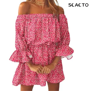 Scacto Boho Leaf Graphic Print Off Shoulder Dress, Sexy Backless Ruffle Sleeve Dress For Spring & Summer, Women's Clothing, Polyester, Long Sleeve