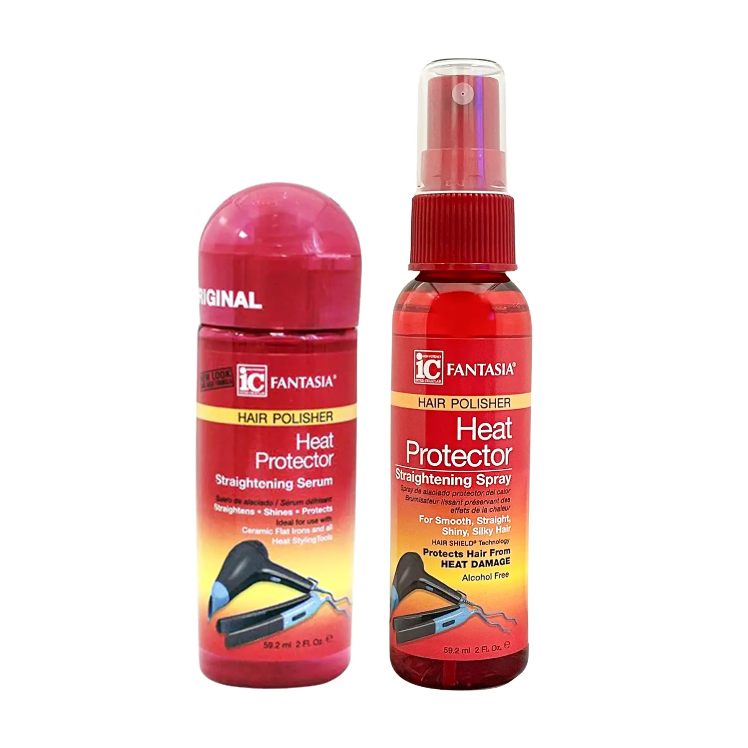 Fantasia IC Heat Protectant Haircare Set, 2-Piece Travel Kit with Lightweight Spray & Serum, Frizz Control for a Silky Smooth Finish, for Fine & Textured Hair Types (2 oz), Compact, Heat Styling, Glossy Hair, Liquid, Cruelty Free, Fine Hair