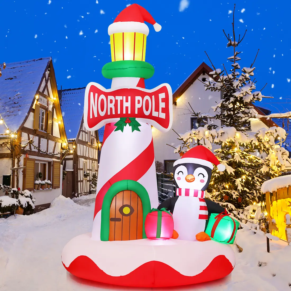 GOOSH 10 FT Christmas Inflatable Lighthouse Decor with Built-in Colorful LED Lights & Penguin, Christmas Home & Colorful LED Festive Accent for Garden Lawn Indoor Use, Colorful Led Christmas Decor