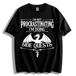 Crew Neck T-Shirt with Dragon Graphic and "Not Procrastinating, Doing Side Quests" Slogan - Casual Style, Short Sleeve, Regular Fit, Knit Fabric - Summer Collection