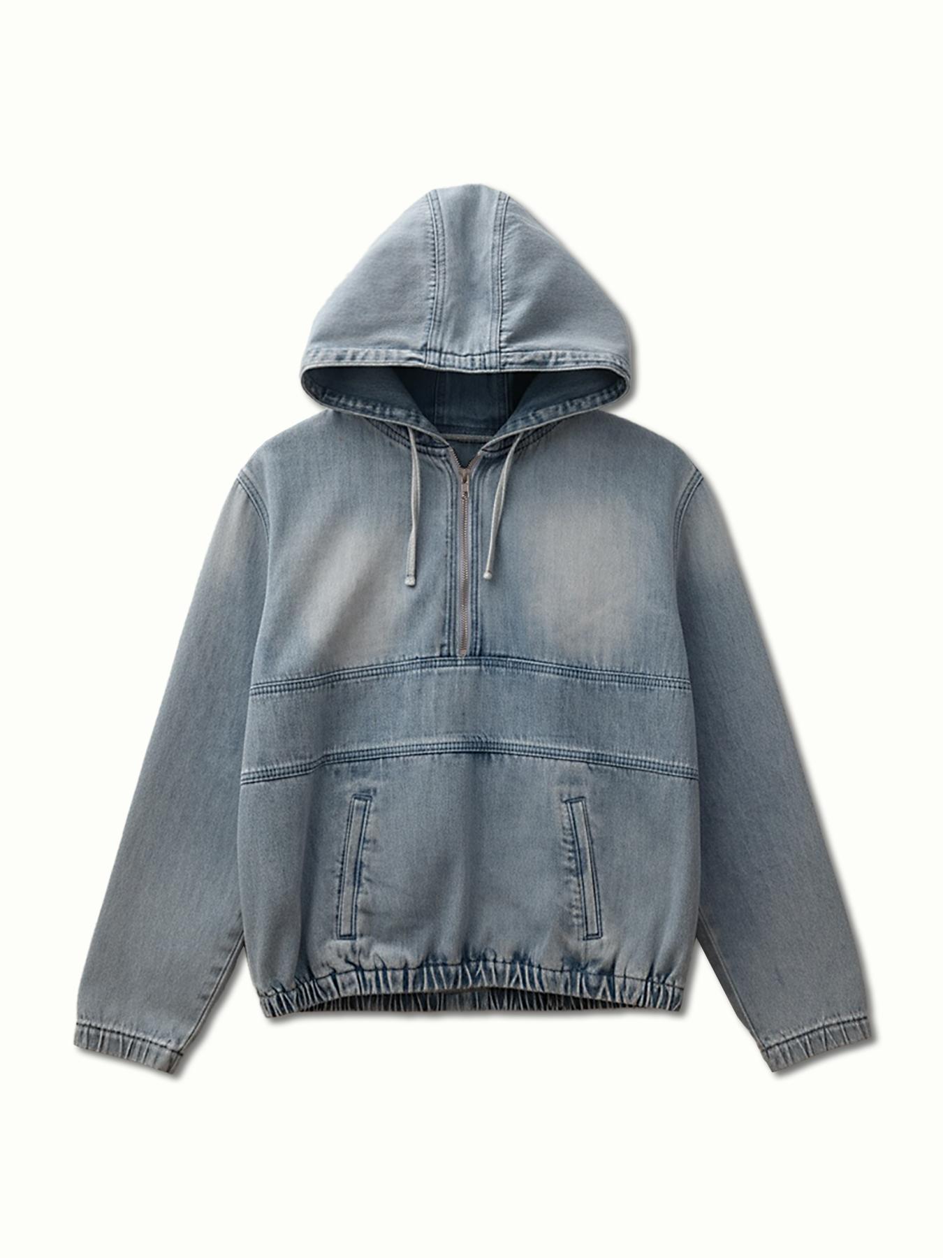 USBoutique Chic [S-5XL] Women's Half Zip Denim Hoodie Pullover Jacket Jean Tops Casual