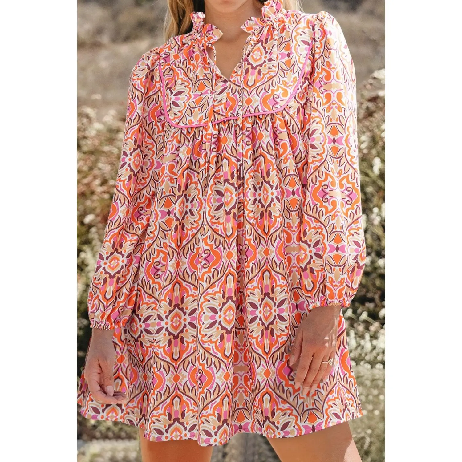 Printed Tie Neck Long Sleeve Mini Dress