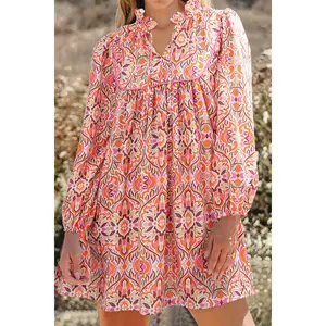 Printed Tie Neck Long Sleeve Mini Dress