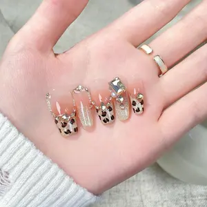 Elegant Gold Cheetah Print Press on Nails, French Style Nails,Leopard Handprinted Nails,Cat eye Nails, Holiday Gift For Women Girls