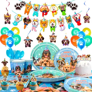 Puppy Birthday Party Supplies, 159pcs Dog Theme Birthday Party Supplies Tableware Set Dog Party Plates Cups Napkins Tablecloth Banner Balloon Cake Topper etc Puppy Themed Party Supplies