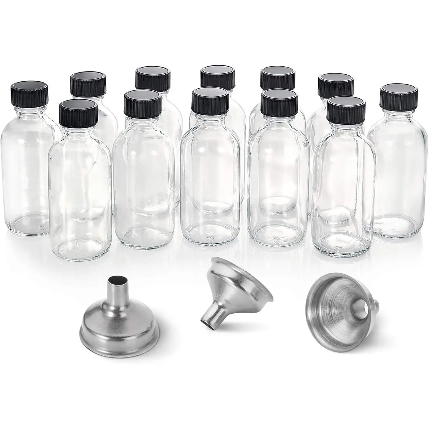 12 Pack 2 oz Small Clear Glass Boston Shot Bottles with Stainless Steel Round Lids, 3 Funnels & Waterproof Box - 60ml Home Storage Jars for Health, Wellness, Sample Use - Mini Travel Personal Care Bottles