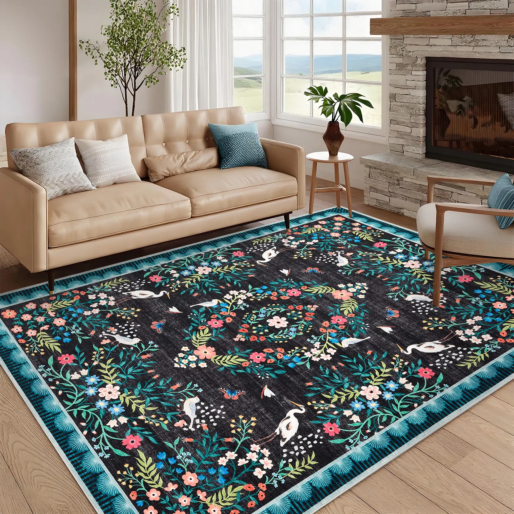 Vintage Floral Print Rug Washable Large-size Oriental Distressed Rug Soft Non-slip Foldable for Apartments Dining Rooms Living Rooms Offices Laundry Rooms and Bedrooms