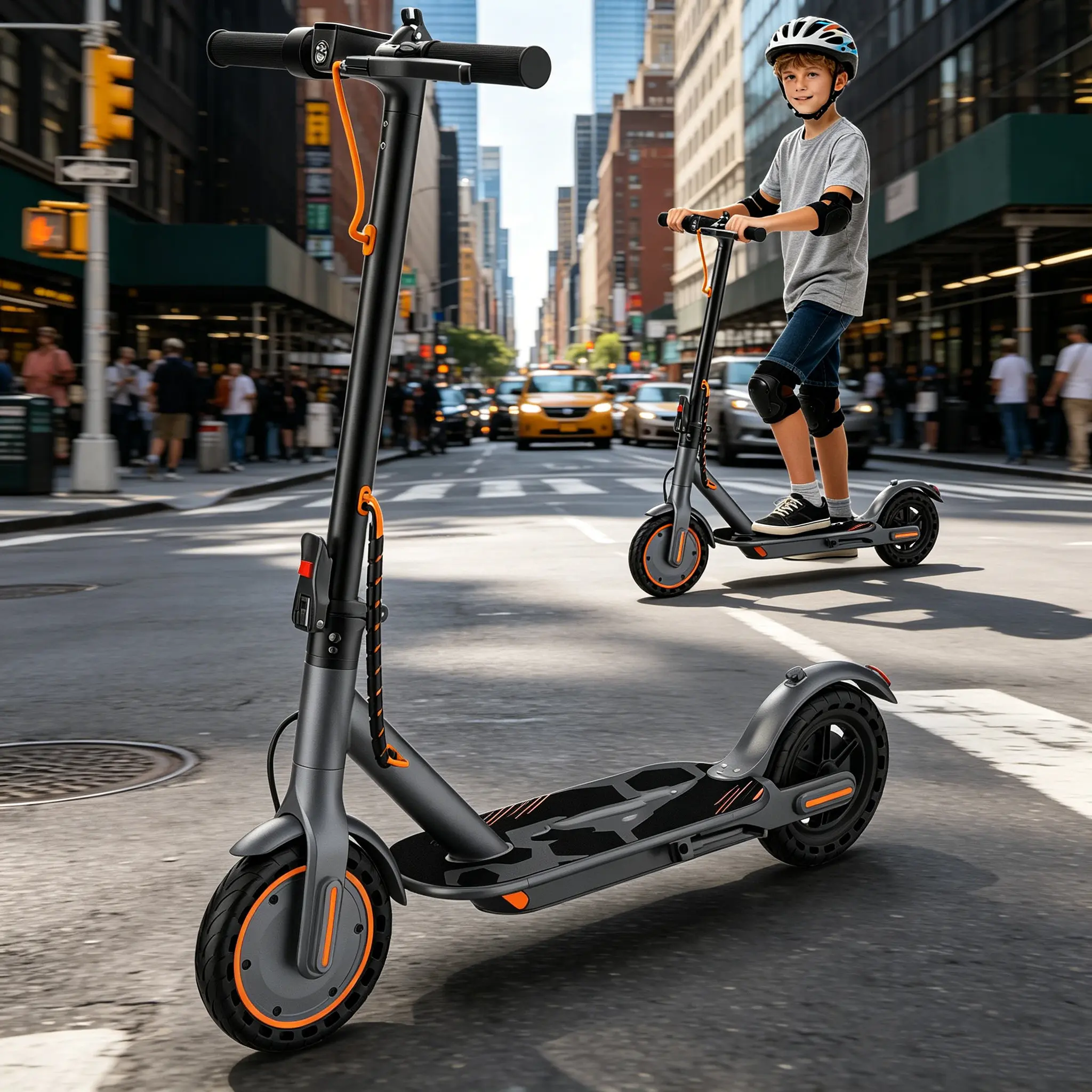 B 2026 Trending Orange Foldable E-Scooter | 350W Electric Scooter for Kids Teens Boys Girls | Dual Brakes 8.5" Solid Tires 15° Climb | Safe Outdoor Adventure Great Gift