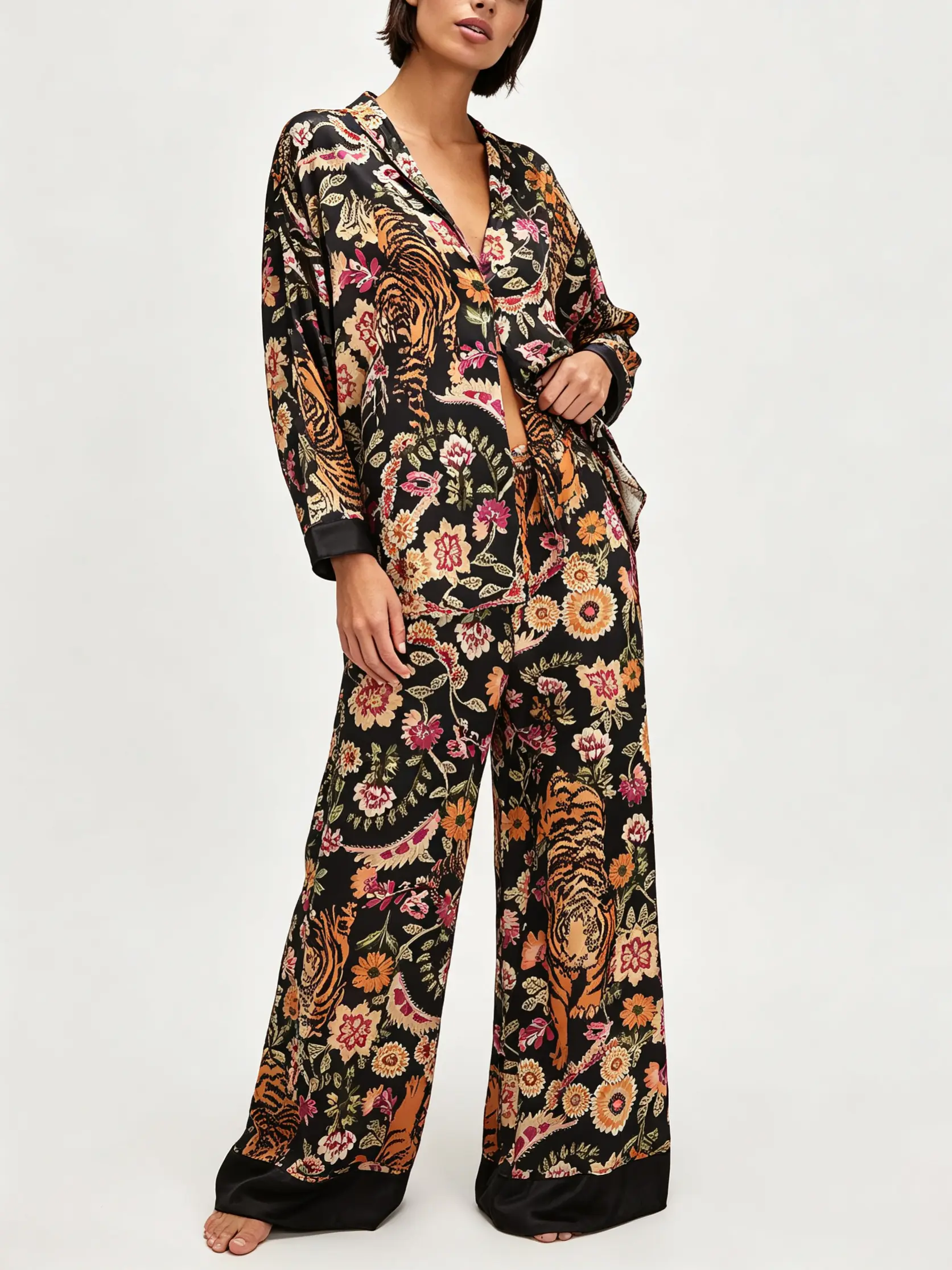 Women's Fall Loungewear Set Stripe/Plaid/Stripe Print Long Sleeve Lapel Button Tops Long Pants Fall Sleepwear Womenswear Pajamas