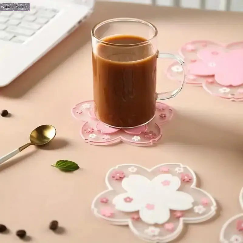 Kawaii Cherry Blossom Floral Coasters & Placemat Set - Heat-Resistant, Washable, Soft, Easy-To-Clean Dual-Purpose Fashion Accessory, Coffee Table Decor, Aesthetic Indoor Tableware for Home Dining, Gifting
