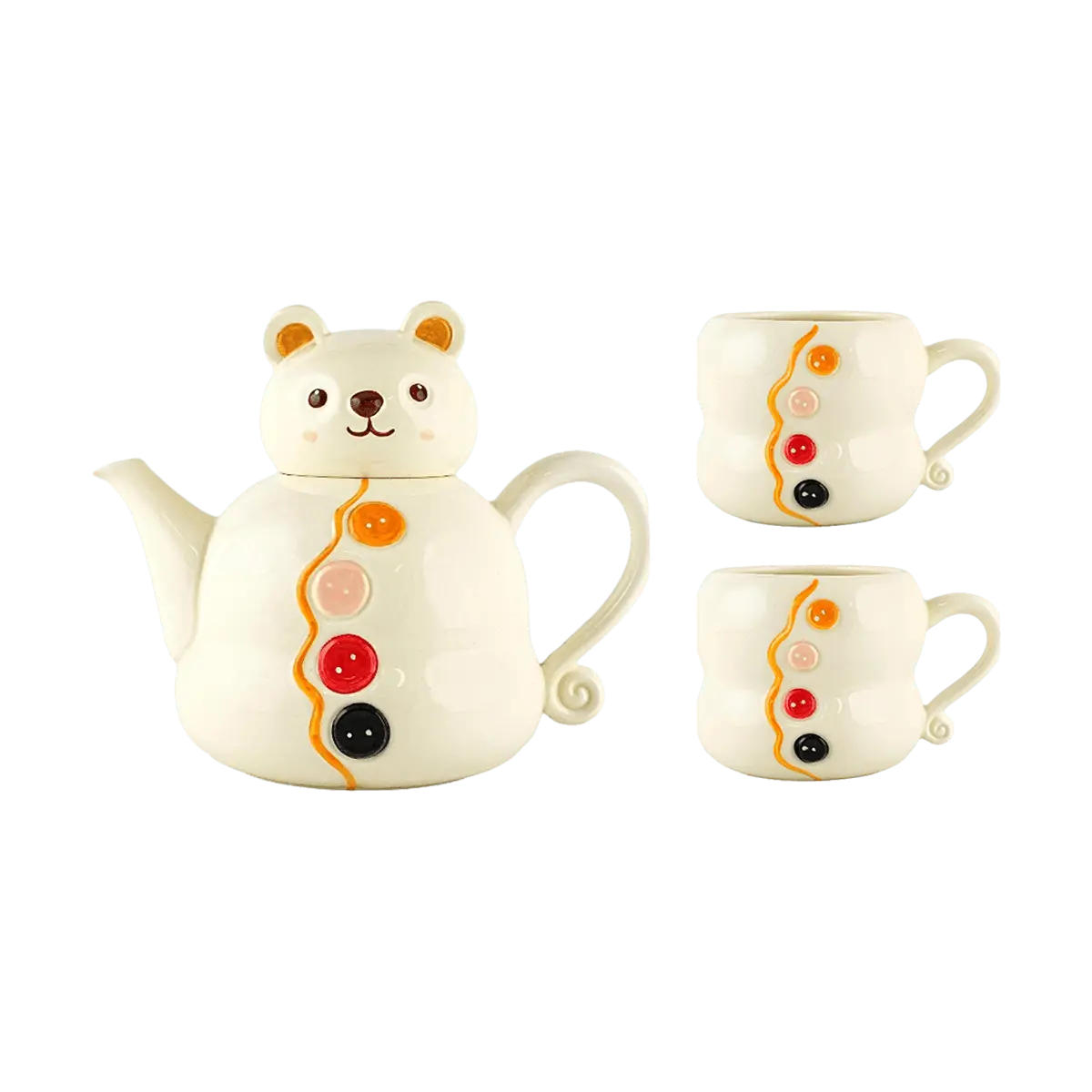 GLAZE STORY Button Bear Ceramic Teapot Set with 2 Mugs - Afternoon Tea Party Essentials