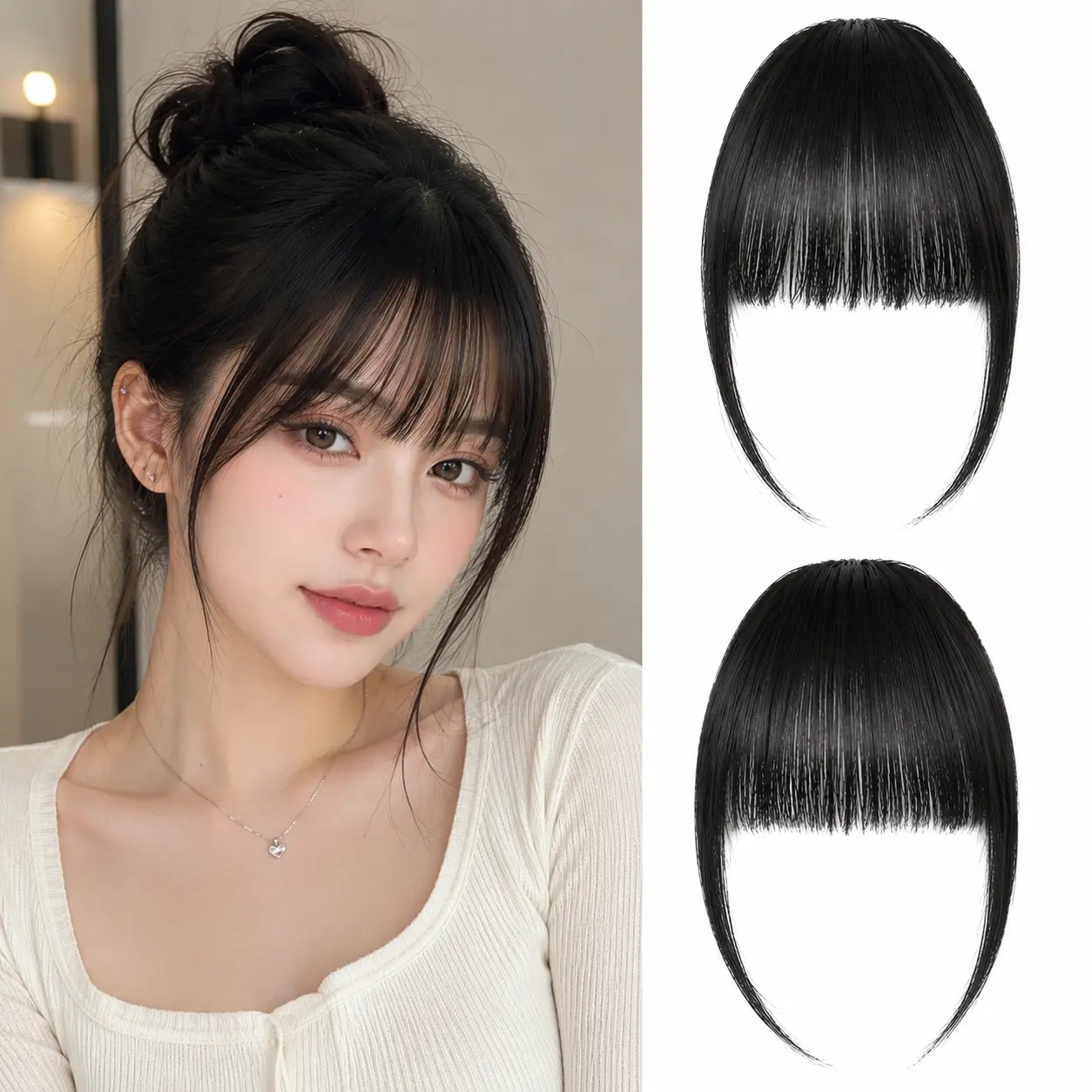 Clip In Bangs 100% Real Human Hair Extensions, Natural Black Faux Fringe Hairpiece with Temples, Easy Clip On Bangs for Women, Daily Wear