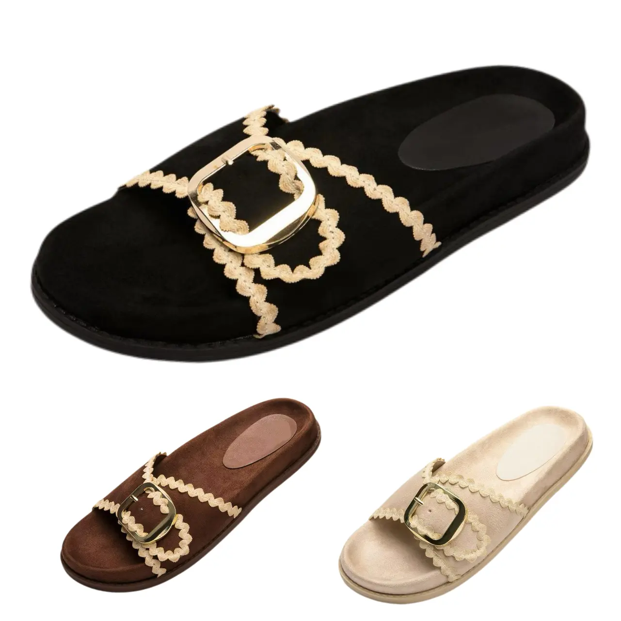 SUCUFashion Stylish Women's Buckle Suede Slides for Outdoor with Rubber Sole Comfortable and Trendy