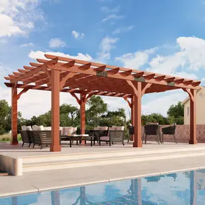 [Ships in 5 Boxes] AMERLIFE 12x24 FT/12x20 FT Premium Cedar Wood Pergola with Trellis Roof & Weather-Resistant Support, Outdoor Pergola Kit with Stakes, Garden Gazebo for Patio, Backyard & Events, Reddish-Brown