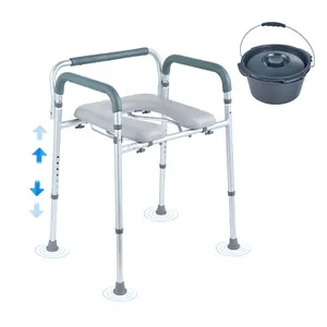 【DealsForYouDays】VEVOR Commode Chair, Bedside Commode with Padded Seat and Arms, 7-Level Adjustable Height, 5.8L Removable Bucket, Easy to Assemble, 350 LBS Capacity, Raised Toilet Seat for Adults Seniors
