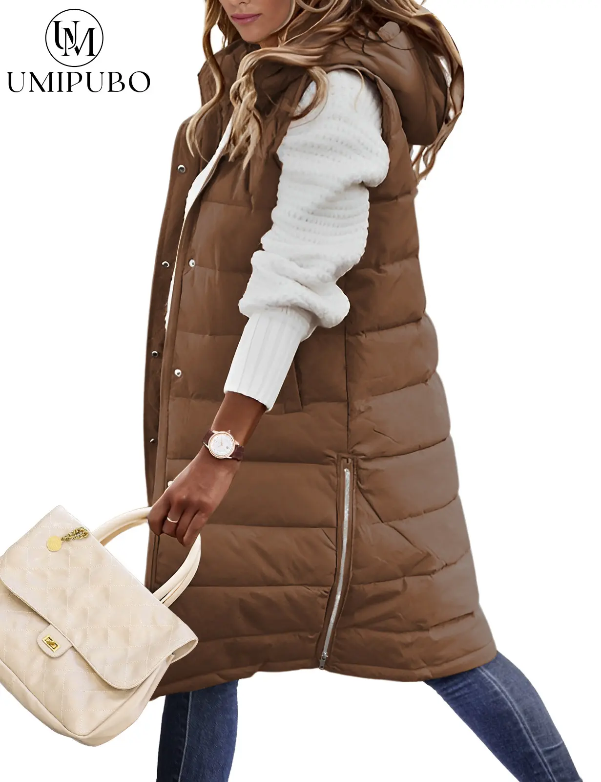 UMIPUBO Winter Womens Puffer Vest Winter Hooded Sleeveless Zip Up Long Puffy Jacket Warm Thick Quilted Coats with Pockets