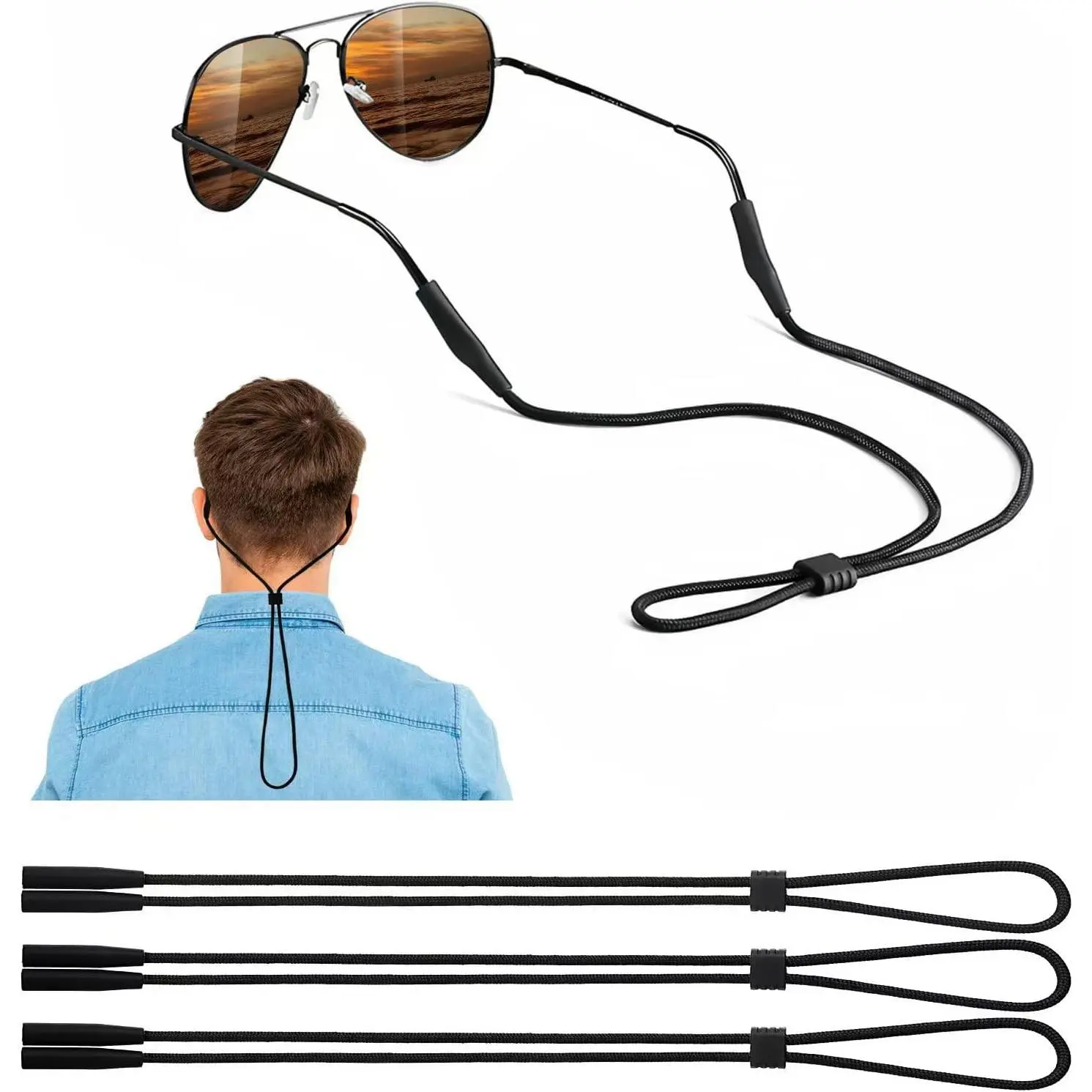 3Pcs Adjustable Eyeglasses Holder Strap - Chic Glasses Chain & Lanyards, Accessory Glasses Chain & Lanyards, Secure Hold Everyday Female Eyewear Retainer for Men & Kids (Neck-Worn), String