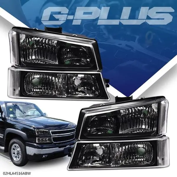 G-PLUS Pair Set ISO Certified Headlight Kit for 2003-2006 Silverado & Chevy Avalanche Truck Lights, Black Front Lights, Transparent Amber Reflectors Signal Bumper Lamps, Chevy Truck Accessory