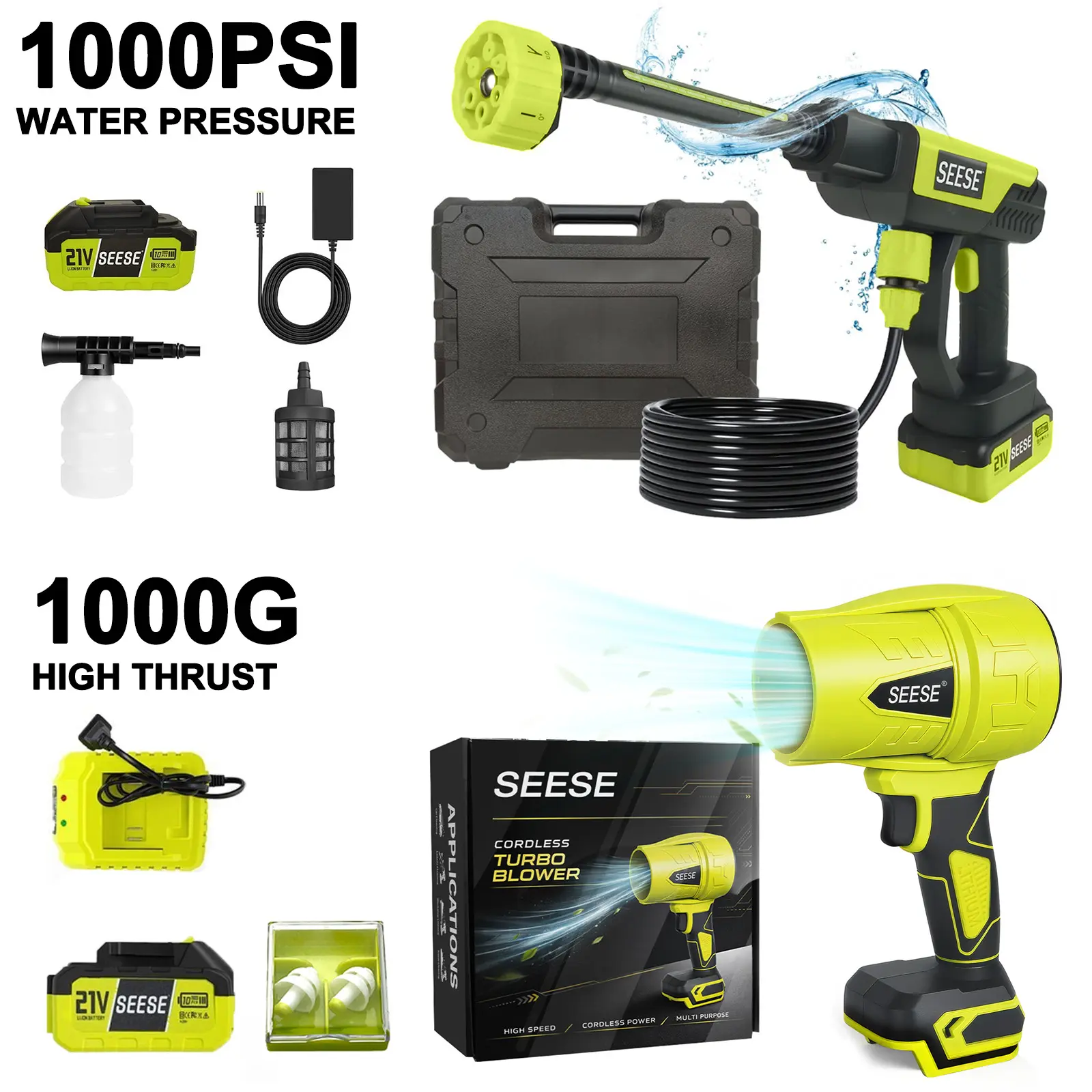 SEESE 21V Cordless Car Cleaning Kit with 1000 PSI Pressure Washer & 1000G Turbo Leaf Blower | Portable Power Washer and Air Duster for Car Washing, Drying, Patio & Garden | Fathers Day Gift