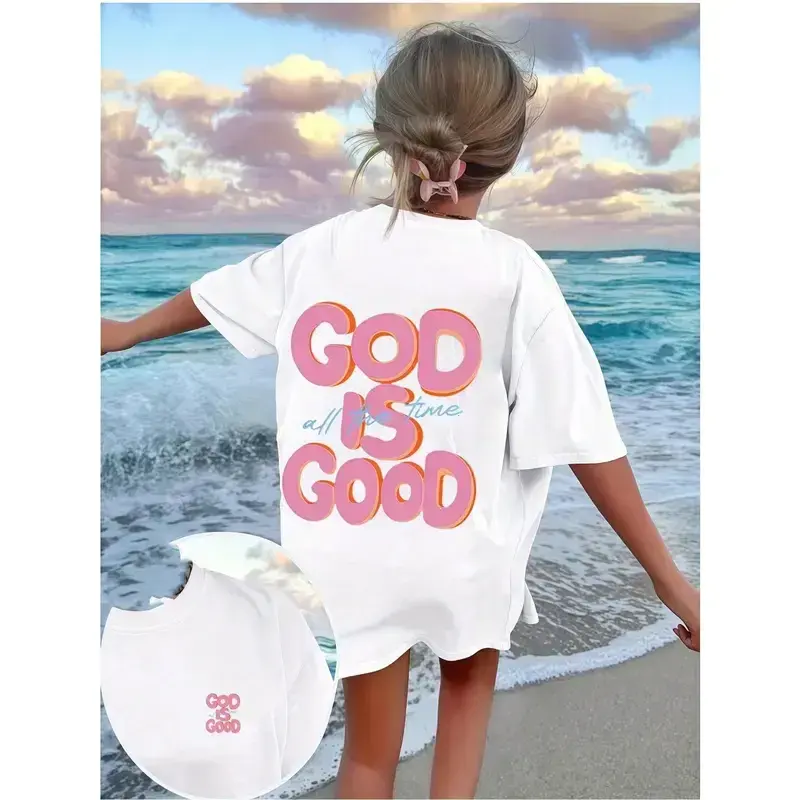 Clothing Women Graphic T-Shirt, Short-Sleeve Summer Top, Round Neck Casual Church Outfit with "God is Good" Verse Print  Cursive "God is Good All The Time" Slogan
