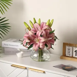 Gaomon 6-Pack Decorative Realistic Silk Lily Artificial Flower Set, Traditional Floral Bouquet with Glass Vase, Bendable Stems, No Maintenance, Ready-to-Display for Home Entryway Decor - Purple