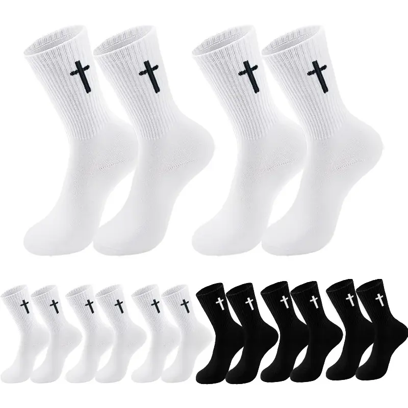 Men's Basic Mid-Calf Socks with Inspirational Quilted Cross, Soft Breathable Fabric, Religious Birthday Gift, 2/5-Pair Pack, Daily Wear Socks, Menswear