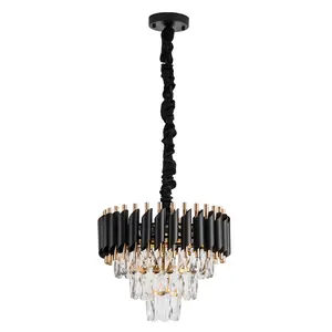 Modern Crystal Chandeliers 3 Tiers Black and Gold Pendant Light Fixtures 16” Round Flush Mount Chandeliers Ceiling Lighting Dimmable for Living Room Dining Room Foyer Bedroom Kitchen