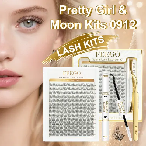 FEEGO Wispy Light C Curl Fake Eyelash Clusters Kit (9-12mm) - Waterproof, Super Thin Band, Eyelash Glue, Bond, Seal, Tweezer for Beginner DIY Home Makeup, Nature & Youth Vibes