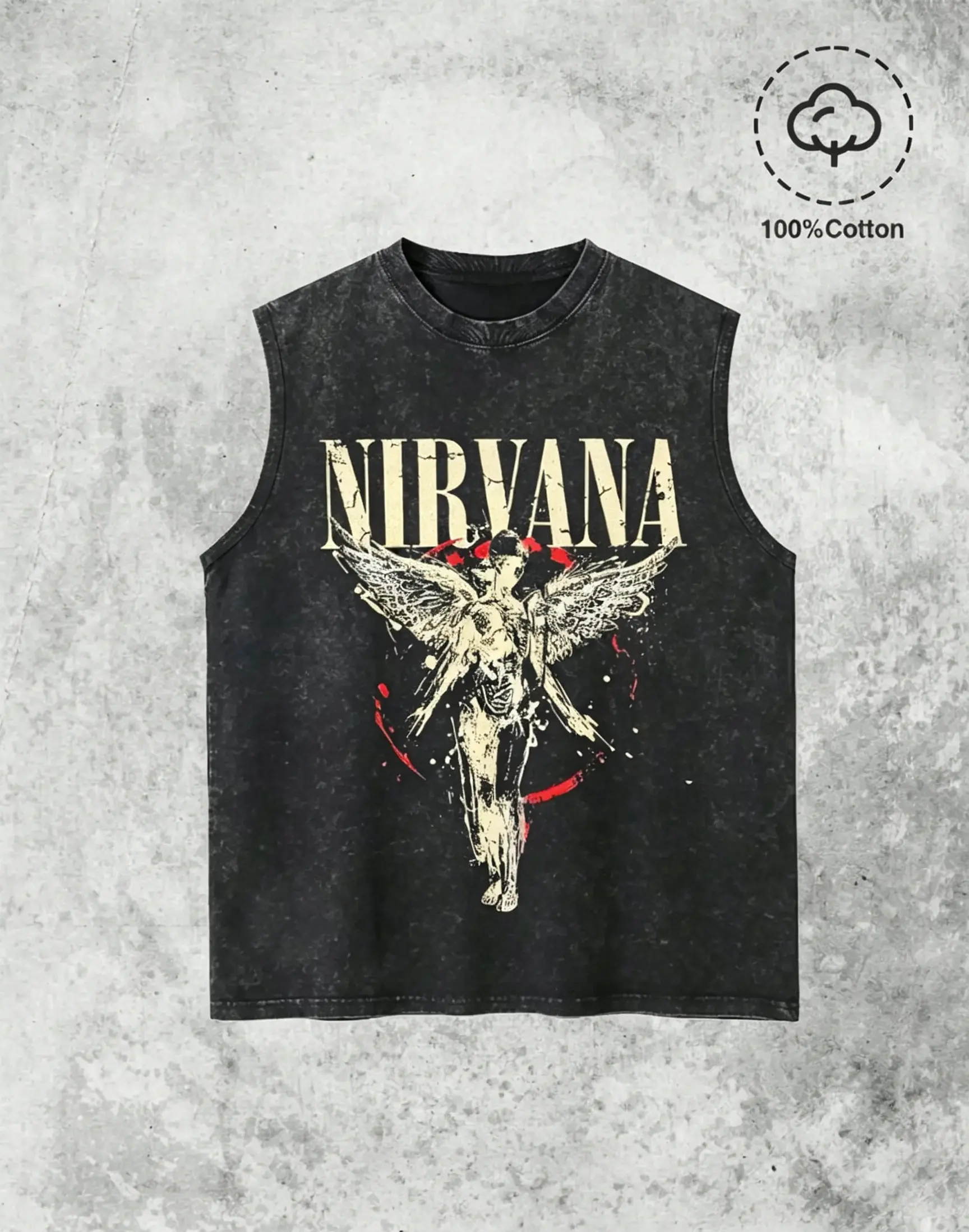 Vintage Nirvana Angel Graphic Tank Top, Men's Alternative Rock Cut-Off Vest with Red Ring Detail, 90s Grunge Oversized Acid Wash Cotton, Flannel, Fabric, Retro