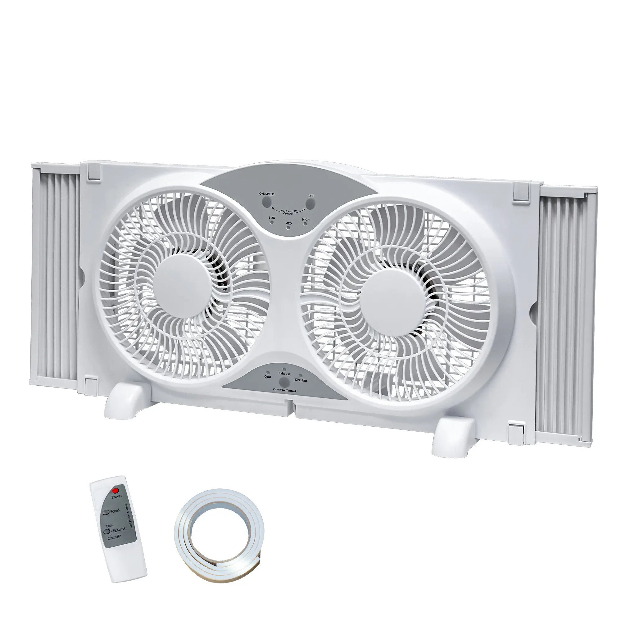 9-Inch Twin Window Exhaust Fan - Household Ventilation Cooling Fan with Reversible Airflow, Remote Control, 3-Speed Control, Adjustable Side Panels, Foam Seal, Tri-Mode Function, 23.5"-37" Expandable Width, Universal Window Fit for Home Bedroom, Plastic