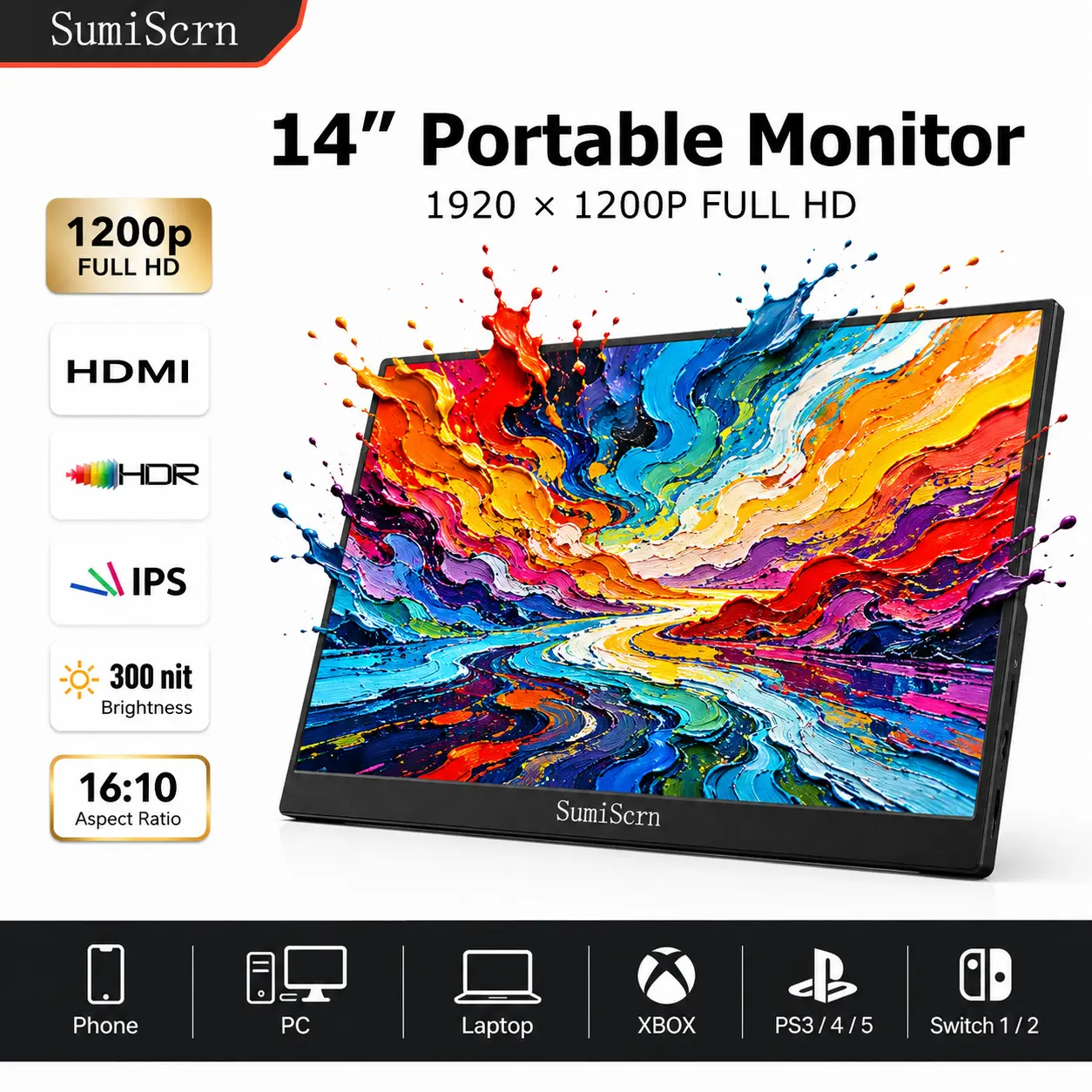 SumiScrn 14" Portable Monitor for Laptop, 1200P 16:10 FHD IPS Display, Ultra-Lightweight Travel Second Screen, Plug & Play External Display for PC Mac Phone with Blue Light Filter, Speaker, for Android iPhone Phones PC, Computer