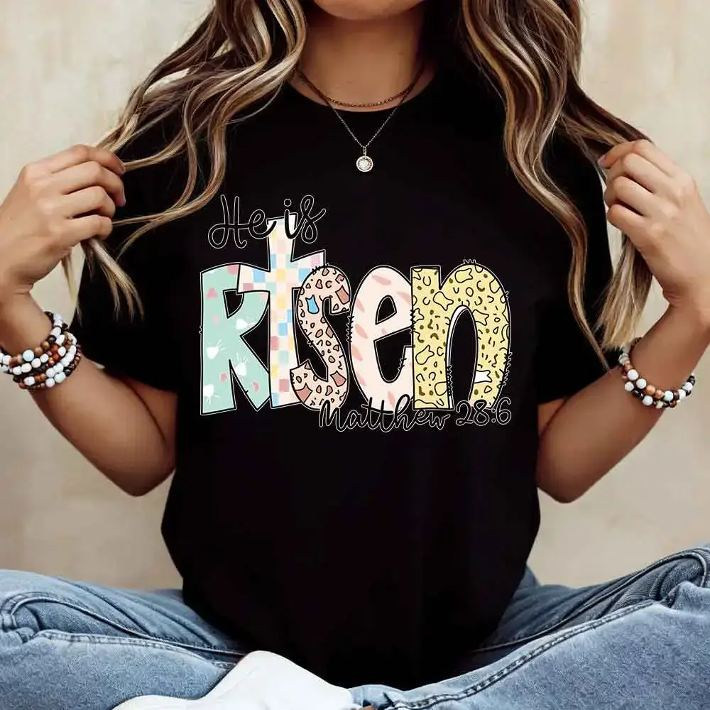 Women Casual T-Shirt White He Is Risen Matthew 28 6 Christian Religious Easter Spring Summer Outfit