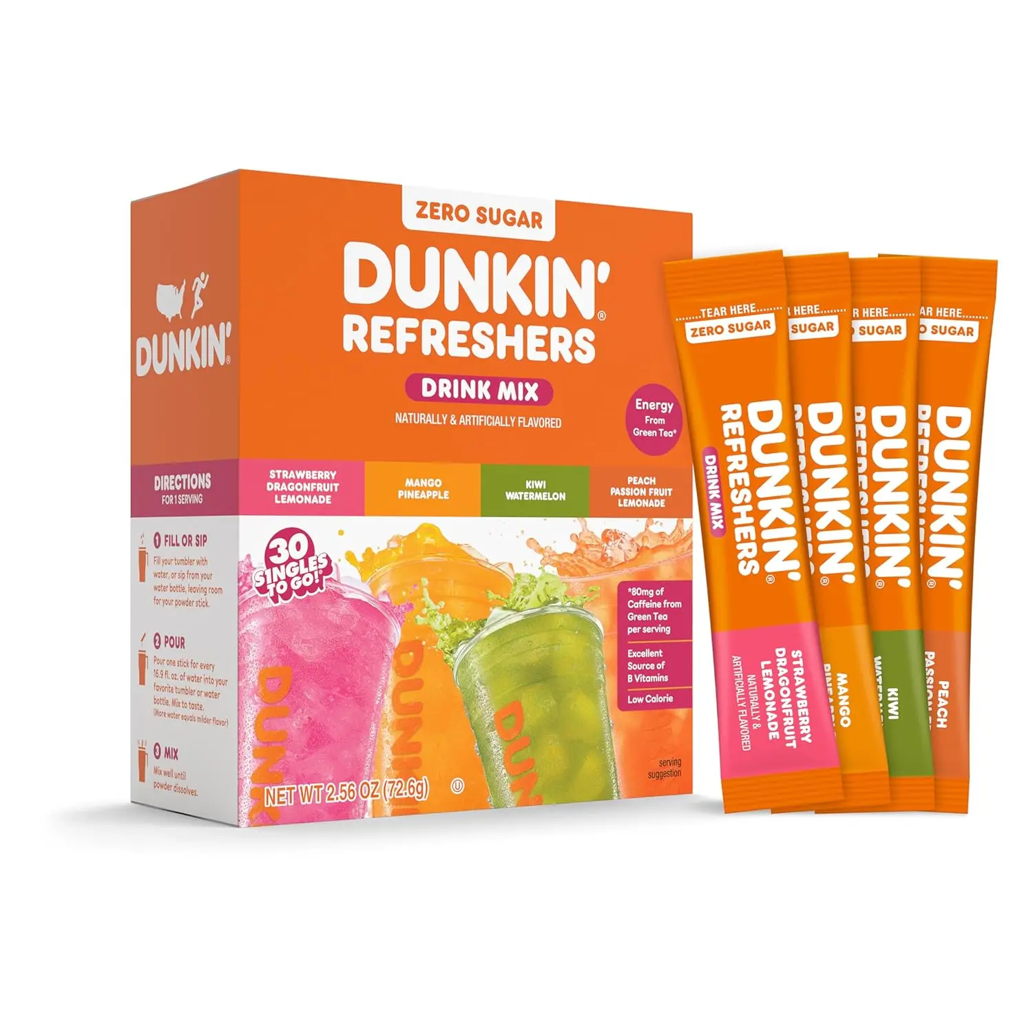 Dunkin’ Refreshers Singles To Go! Powdered drink mix packets, 30 Ct Variety Pack, 30 Single serve Packets per Box (30 servings), Energy from Green Tea, aspartame-free, no synthetic colors, naturally and artificially flavored, just add water