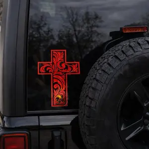 Leather Tooled Cross Decal – Western Floral Cross Sticker – Christian Cross Car Decal – Tooled Leather Style Cross – Faith Window Sticker