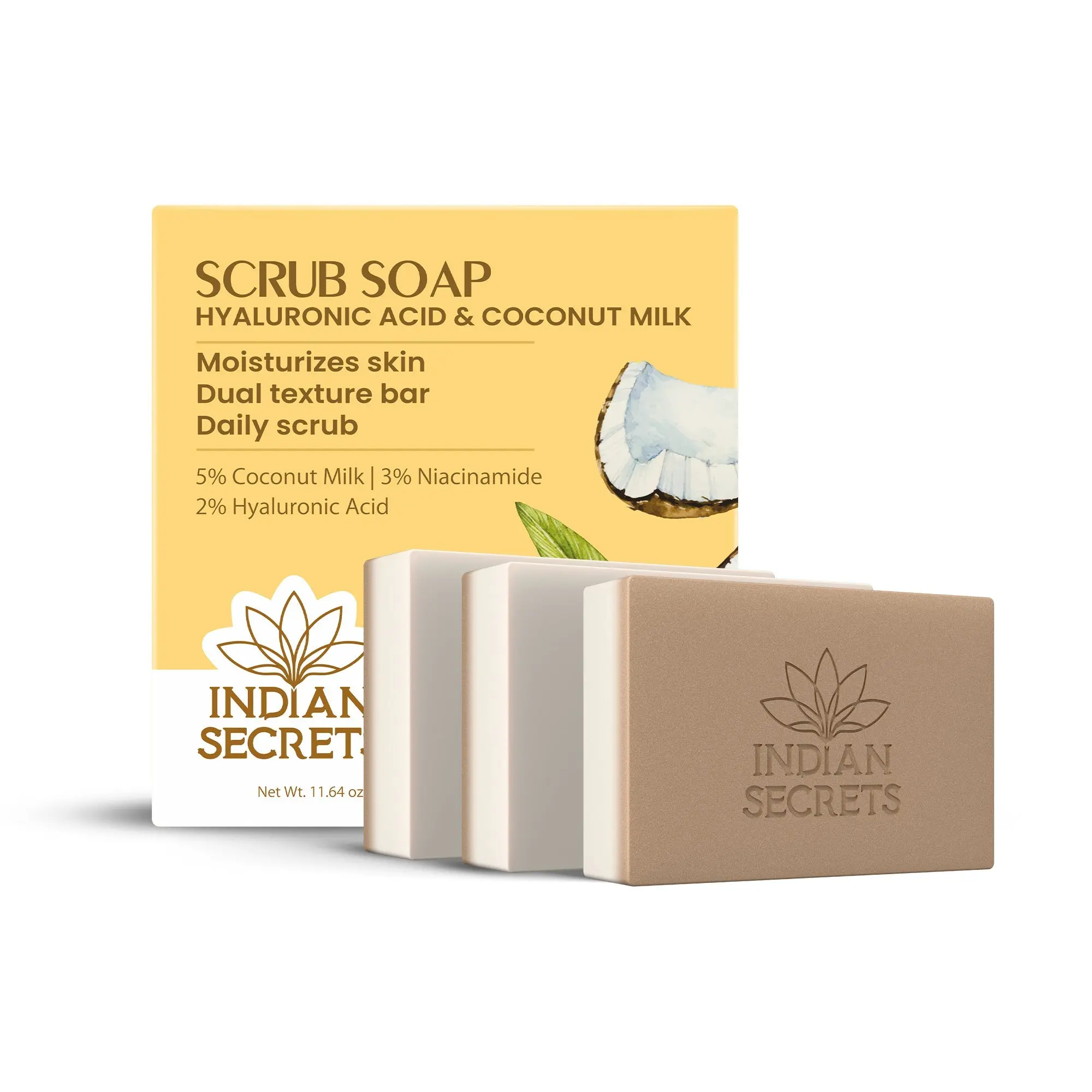 Indian Secrets Scrub Soap Hyaluronic Acid & Coconut Milk (Pack of 3)