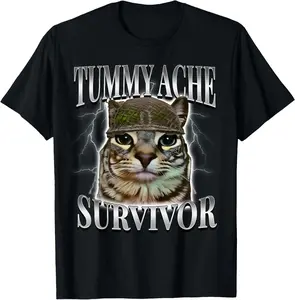 Tummy Ache Survivor Cat Meme Funny Saying Cats Animals Summer Casual Short Sleeve Cotton T-Shirt Streetwear Crewneck